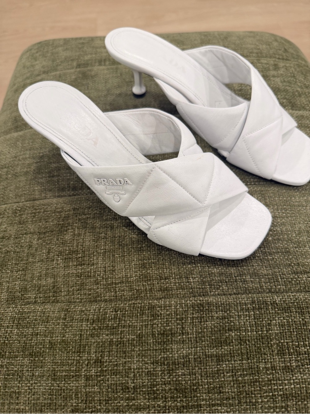 Genuine Prada White Quilted Leather Slide Mules with Kitten Heel